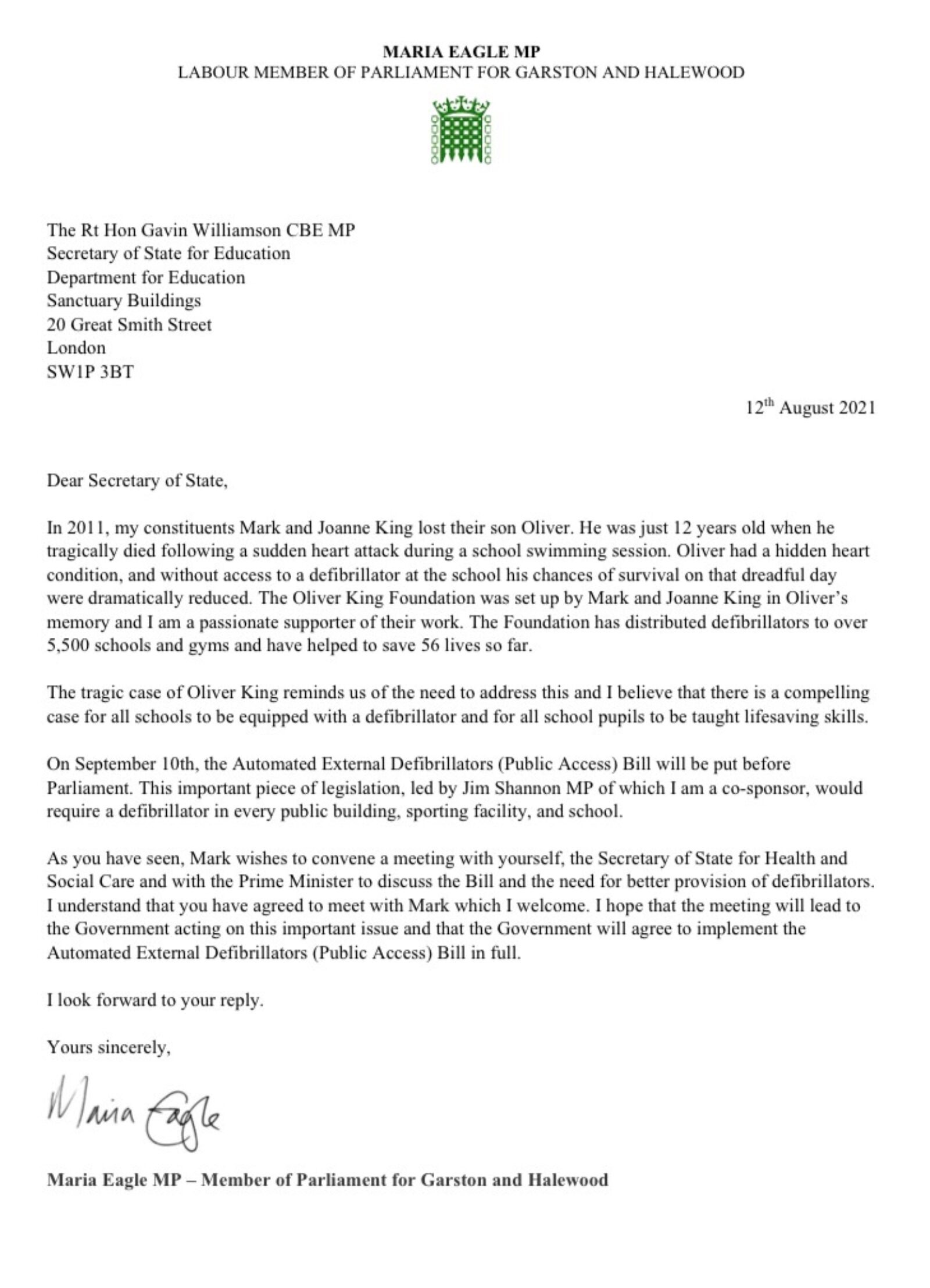 Maria Eagle MP defibrillator letter